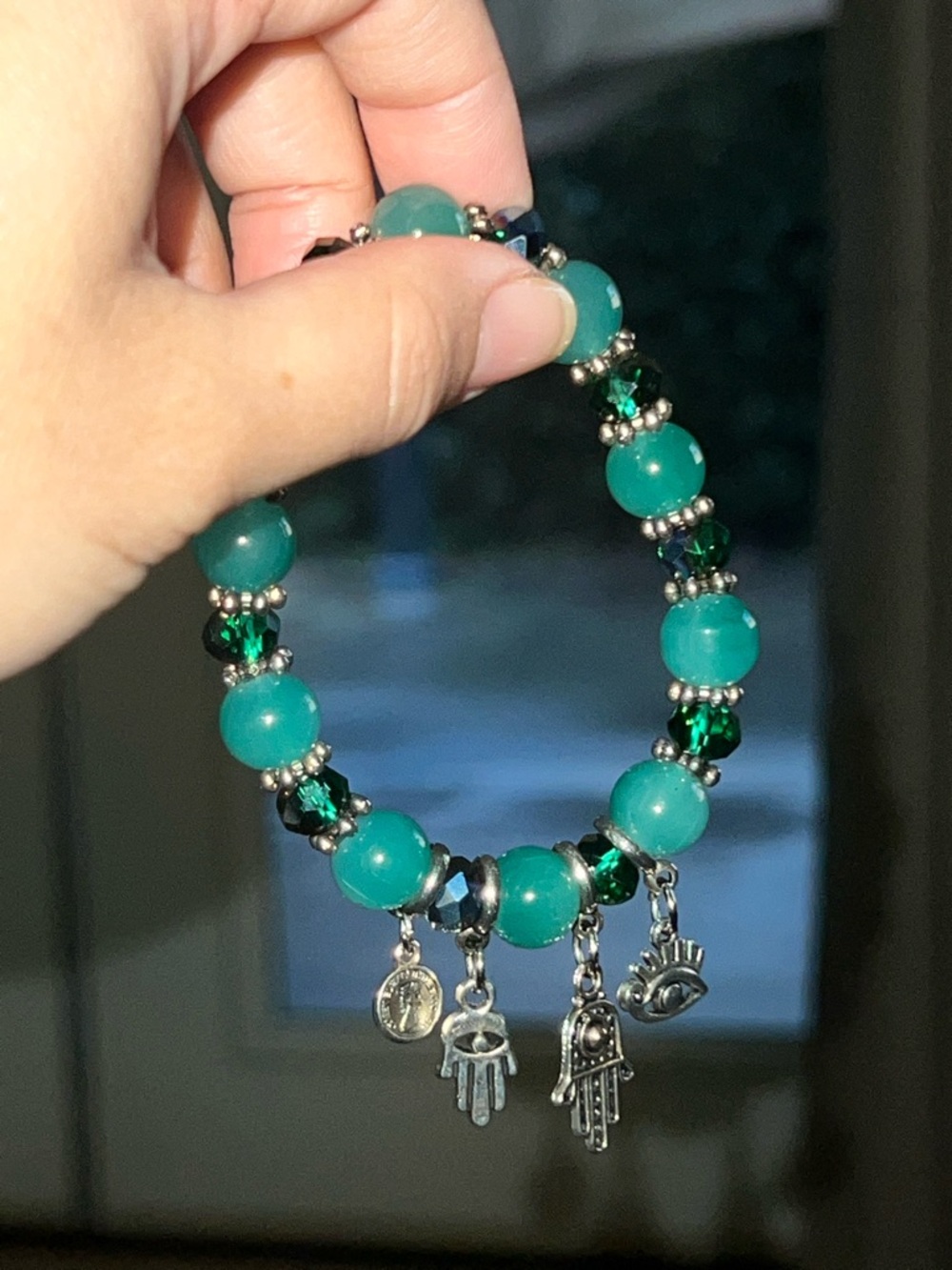 ❇️ Green Beaded Charm Bracelet with Hamsa and Evil Eye